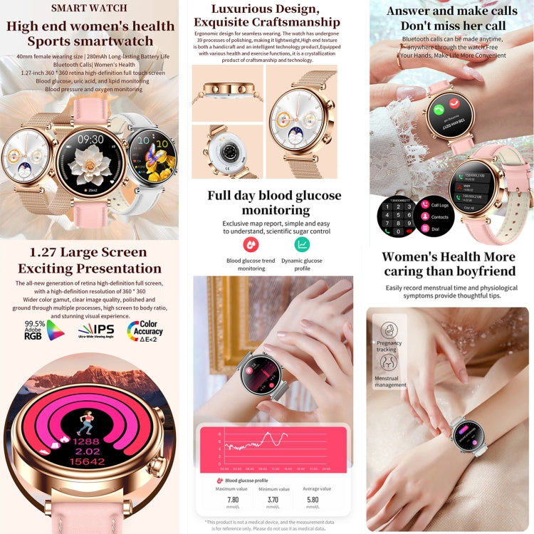 T86 Woman Health 1.27 inch Smart Watch, BT Call / Physiological Cycle / Heart Rate / Blood Pressure / Blood Glucose / SOS