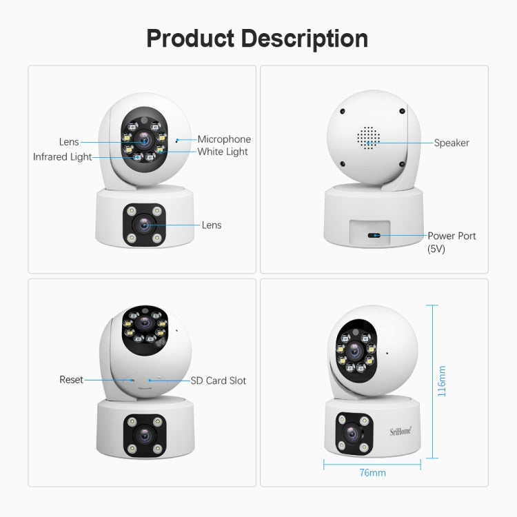 SriHome SH049 2MP + 2MP Humanoid Tracking Smart Night Vision Dual Lens HD IP Camera
