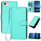 YX0070 Carbon Fiber Buckle Leather Phone Case with Lanyard — Dark Green
