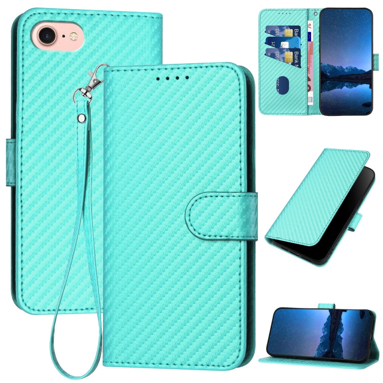 YX0070 Carbon Fiber Buckle Leather Phone Case with Lanyard — Dark Green