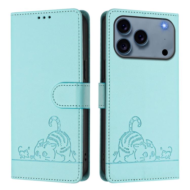 Cat Rat Embossed Pattern RFID Leather Phone Case with Lanyard