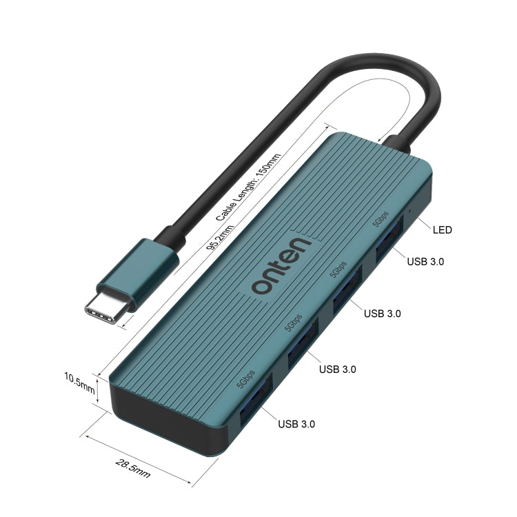 Onten UC621 5Gbps USB-C / Type-C to USB 3.2 Gen1 4 in 1 Multi-function HUB Docking Station — Green