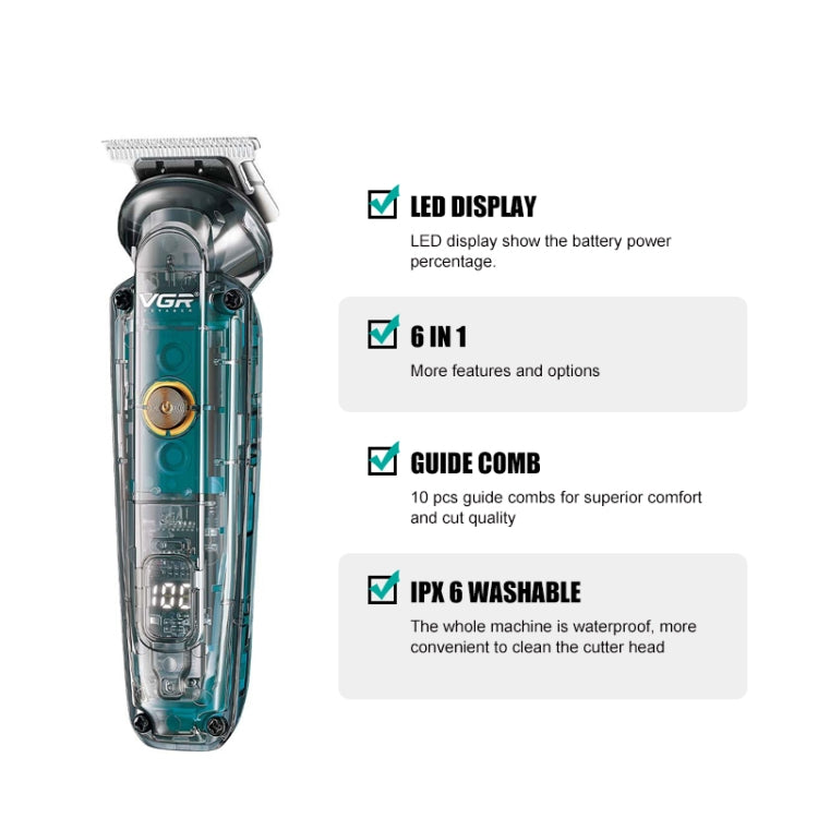 VGR V-102 6 in 1 USB Transparent Digital Display Professional Hair Clipper Set — view 3