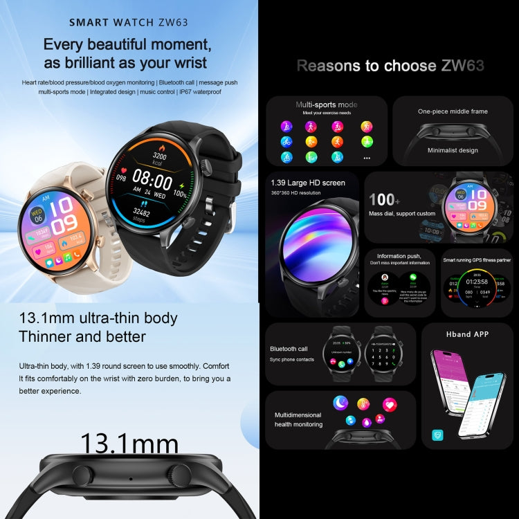 ZW63 1.39 inch Round Screen Smart Watch, Heart Rate / Blood Pressure / Blood Sugar / Blood Oxygen / Body Temperature / MET Test