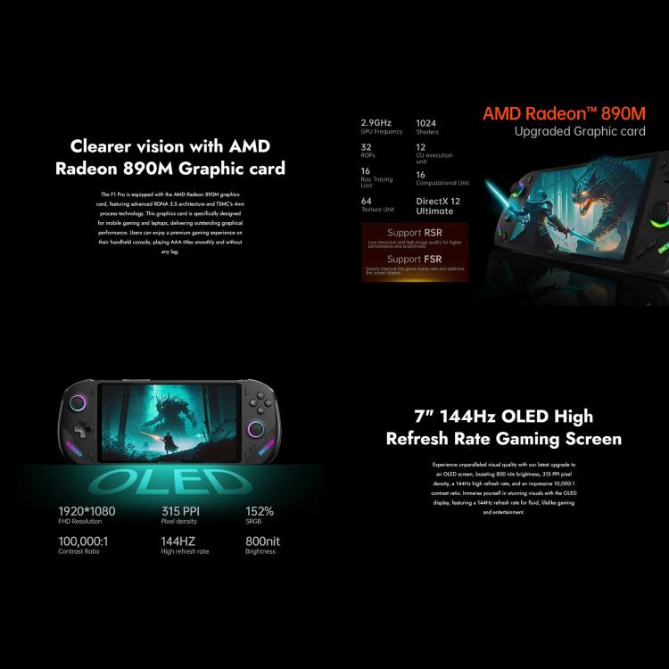 ONE-NETBOOK OneXPlayer F1 Pro 7 inch Handheld Game Console, Windows 11 AMD Ryzen AI 9 365 CPU