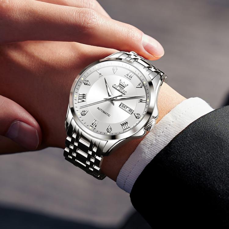 OLEVS 6702 Men Waterproof Luminous Dual Calendar Mechanical Watch — White Gold