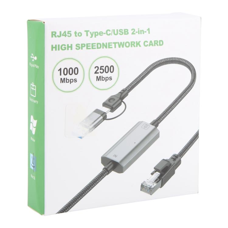 2m RJ45 to Type-C / USB 2-in-1 High Speed Network Card Ethernet Cable
