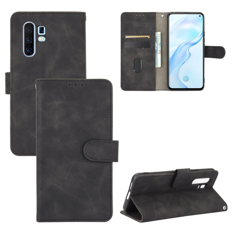 Solid Color Skin Feel Magnetic Buckle Horizontal Flip Calf Texture PU Leather Case with Holder & Card Slots & Wallet — Brown
