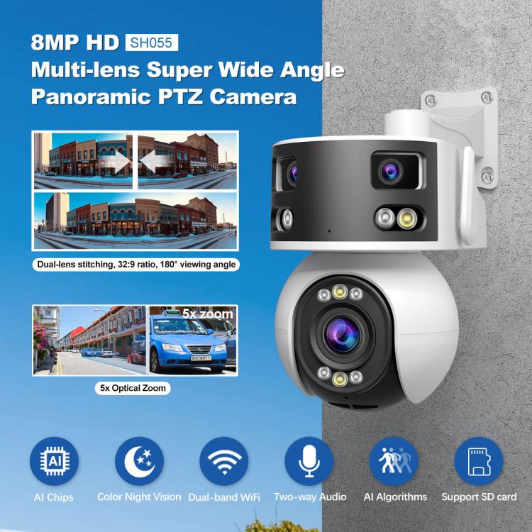 SriHome SH055 8MP HD Multi-lens 5X Optical Zoom Lens Panoramic PTZ Dome Camera