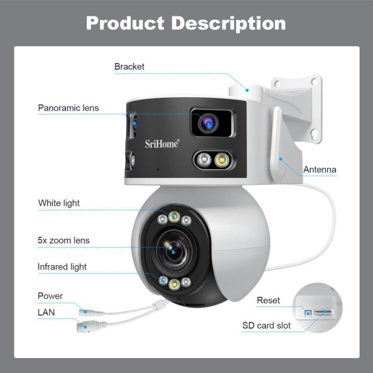 SriHome SH055 8MP HD Multi-lens 5X Optical Zoom Lens Panoramic PTZ Dome Camera