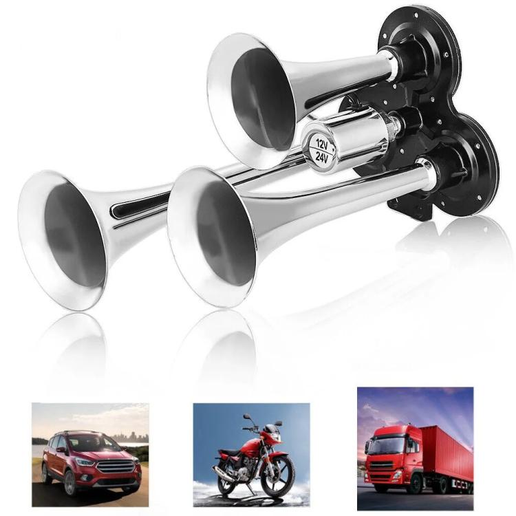 12V / 24V 600dB Car / Truck 3-Trumpet Super Loud Electric Horn, with M6 Air Nozzle and Leather Hose — TZ-311 (Black)