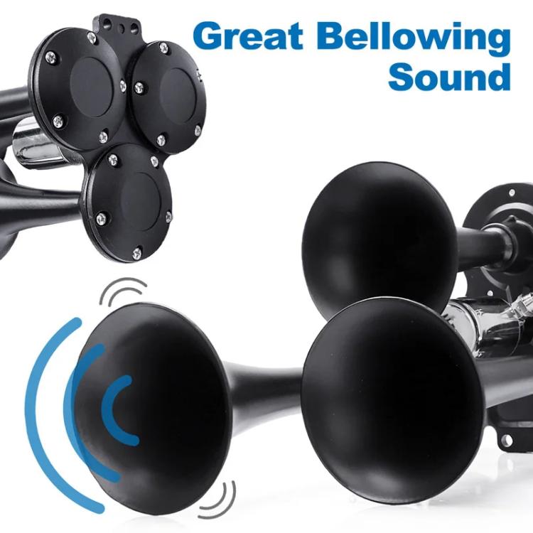 12V / 24V 600dB Car / Truck 3-Trumpet Super Loud Electric Horn, with M6 Air Nozzle and Leather Hose