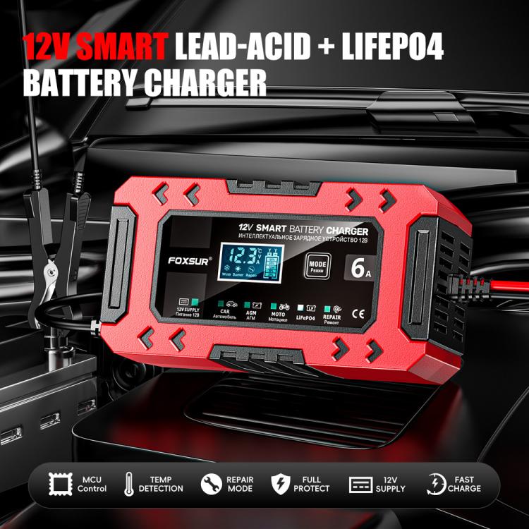 FOXSUR FBC1206F 12V 6A Car Motorcycle Battery Charger Smart Repair Multi-function Charger — EU Plug