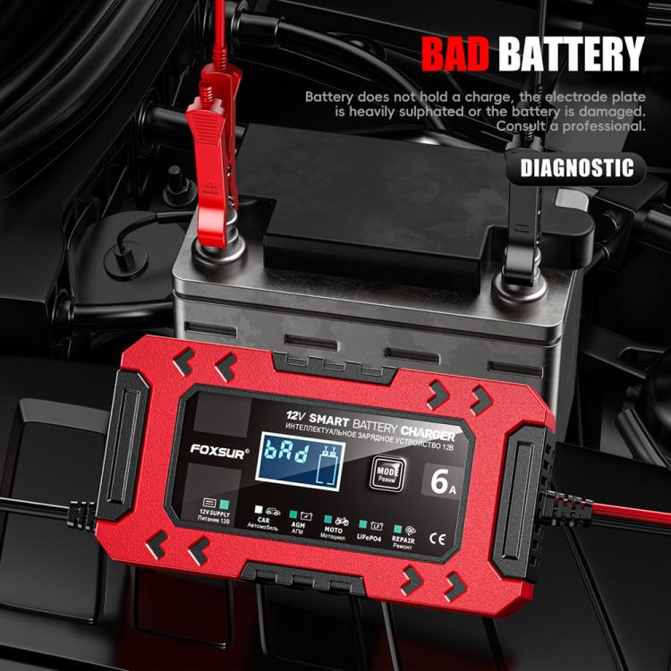 FOXSUR FBC1206F 12V 6A Car Motorcycle Battery Charger Smart Repair Multi-function Charger — UK Plug