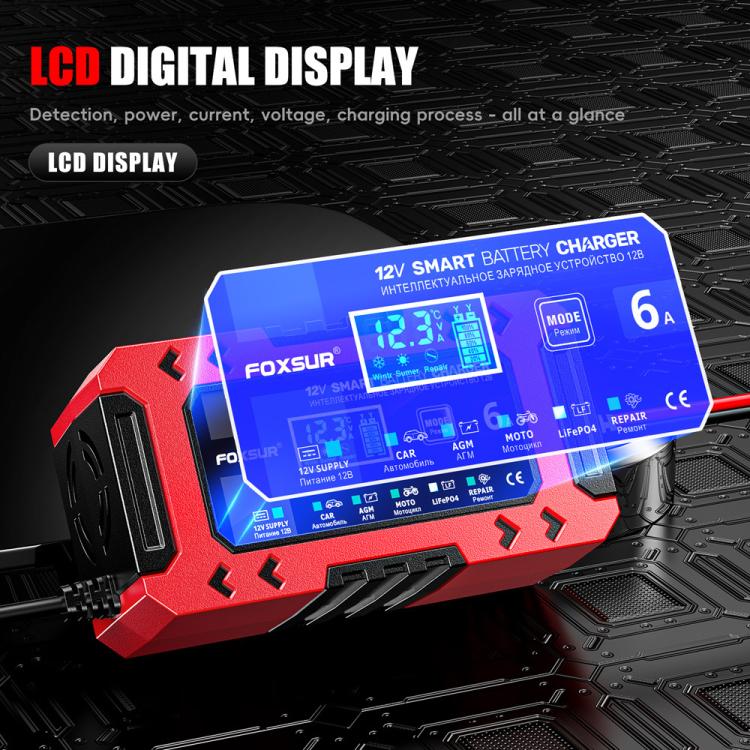FOXSUR FBC1206F 12V 6A Car Motorcycle Battery Charger Smart Repair Multi-function Charger — AU Plug
