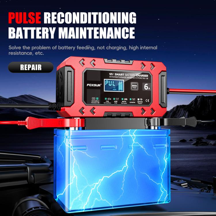 FOXSUR FBC1206F 12V 6A Car Motorcycle Battery Charger Smart Repair Multi-function Charger — Yellow