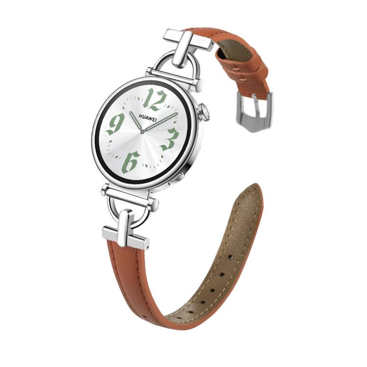 Flat-Head D-shaped Metal Genuine Leather Watch Band — Khaki