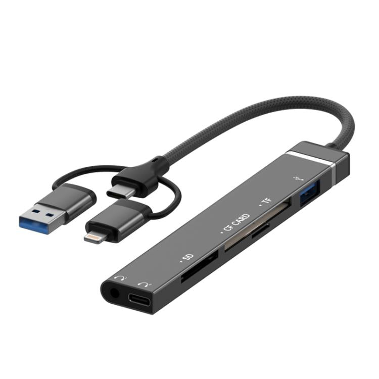 USB / Type-C / 8 Pin to CF / TF / SD Card Reader, 3.5mm HUB Adapter 6 in 1 Docking Station — 6-in-1