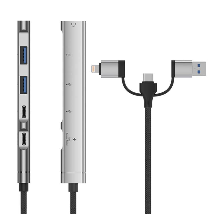 USB / Type-C / 8 Pin to PD, 2 x USB, 2 x Type-C HUB Adapter 5 in 1 Docking Station — Silver
