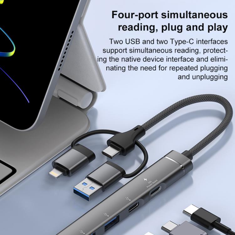 USB / Type-C / 8 Pin to PD, 2 x USB, 2 x Type-C HUB Adapter 5 in 1 Docking Station — Grey