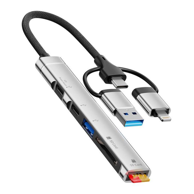 3 in 1 USB / Type-C / 8 Pin to TF / SD Card Reader, USB, Type-C HUB Adapter Docking Station