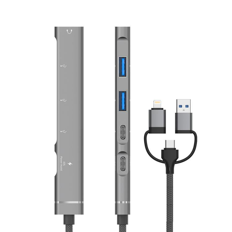 USB / Type-C / 8 Pin to 3.5mm, PD, 2 x USB, Type-C HUB Adapter 5 in 1 Docking Station — Silver