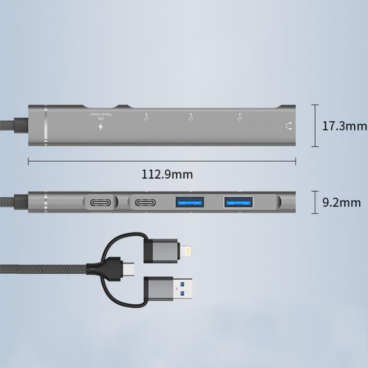 USB / Type-C / 8 Pin to 3.5mm, PD, 2 x USB, Type-C HUB Adapter 5 in 1 Docking Station — Grey
