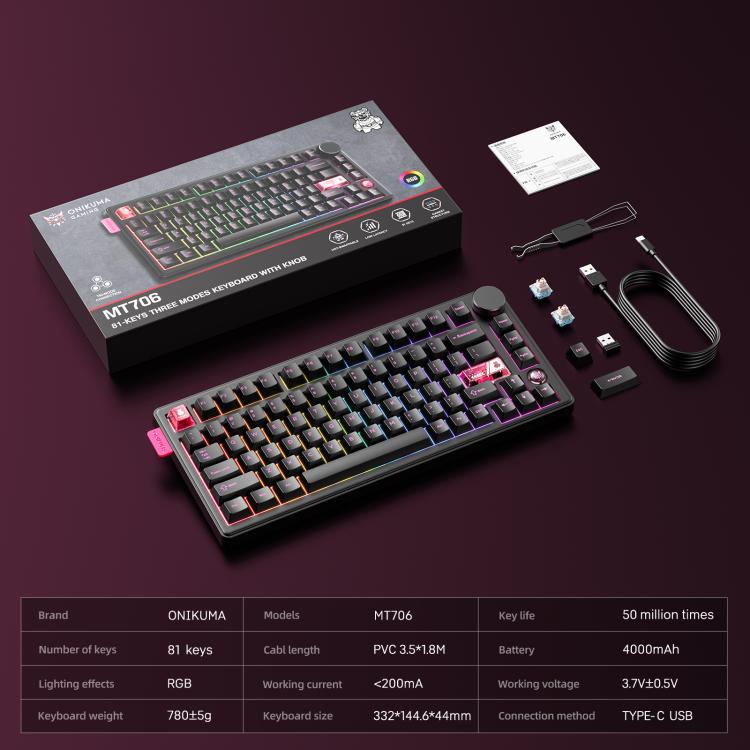 ONIKUMA MT706 81-Keys Hot Swappable Triple Mode Mechanical Keyboard