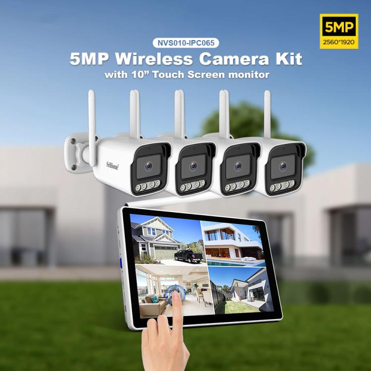 SriHome NVS010-IPC065 5MP HD 4-CH WiFi Camera Kit with 10.1 inch Touch Screen Monitor