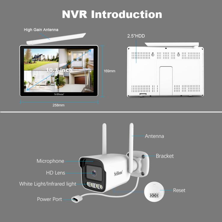 SriHome NVS010-IPC065 5MP HD 4-CH WiFi Camera Kit with 10.1 inch Touch Screen Monitor