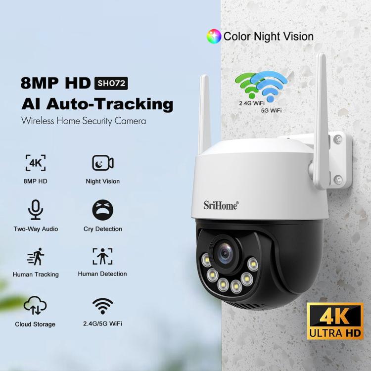Srihome SH072 8MP 2.4 / 5G WiFi Outdoor AI Auto-Tracking Wireless WiFi Security Camera