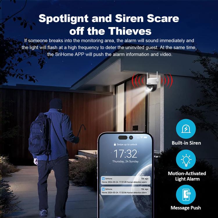 Srihome SH072 8MP 2.4 / 5G WiFi Outdoor AI Auto-Tracking Wireless WiFi Security Camera