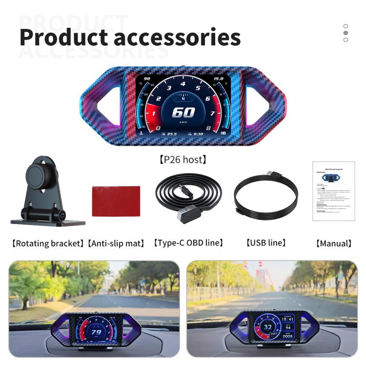 P26 Car HUD Head-Up Display Multi-function LCD OBD Smart Gauge Slope Meter Accelerometer