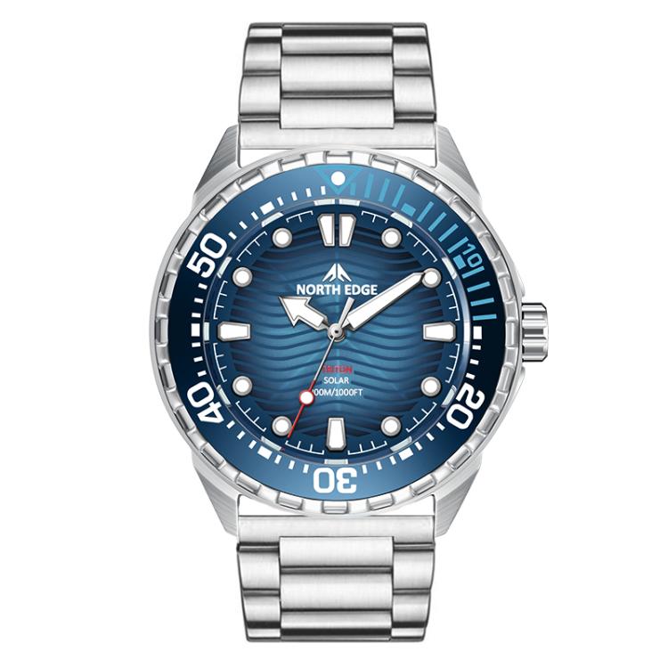 NORTH EDGE TRITON Outdoor Dive Men Solar Luminous Quartz Watch — Black Steel Strap