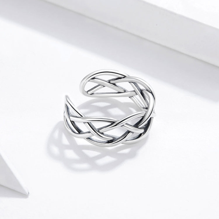 S925 Sterling Silver Woven Texture Hollow Women Open Ring