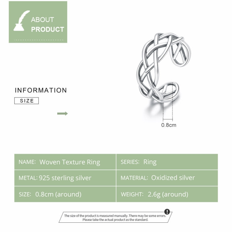 S925 Sterling Silver Woven Texture Hollow Women Open Ring