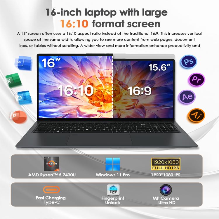 GXMO T160 16 inch Windows 11 Laptop, 16GB+512GB, AMD Ryzen 5 7430U Hexa Core Processor