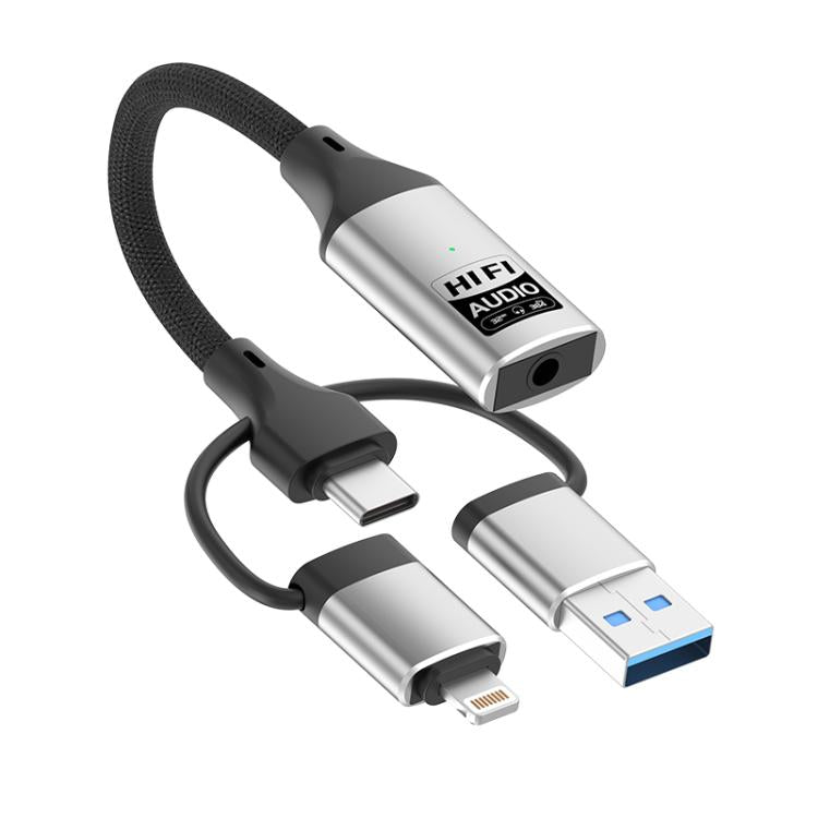 3 in 1 8 Pin, Type-C, USB to 3.5mm Multi-function External Sound Card — Black