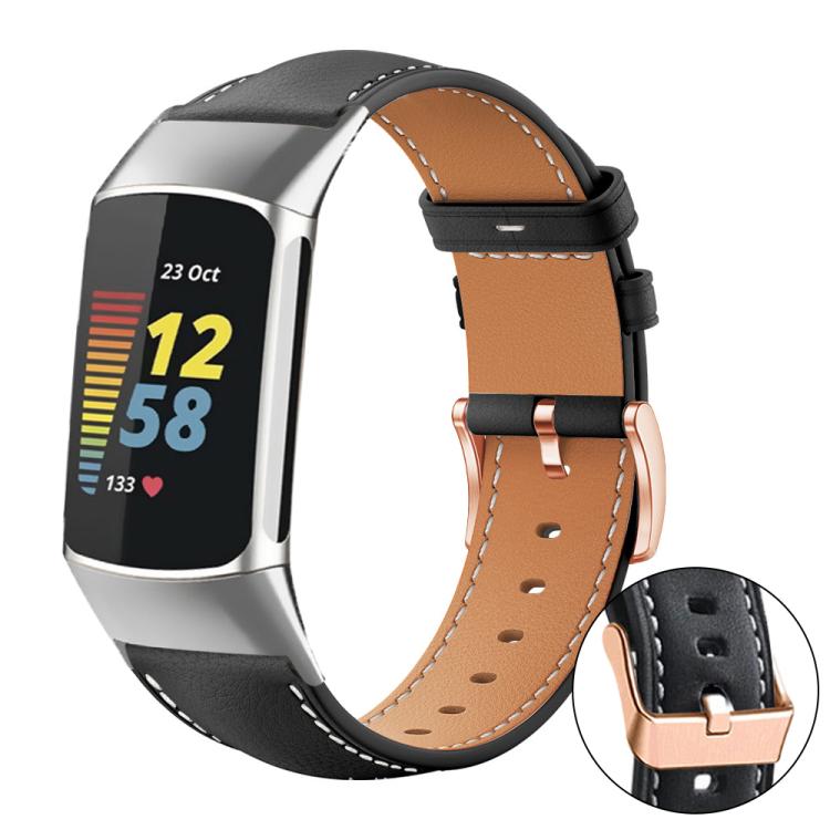 xDfind Rose Gold Buckle Black Shark Fine Grain Vegan Leather Watch Band — For Fitbit Versa 4 / 3 / Sense2 / 1