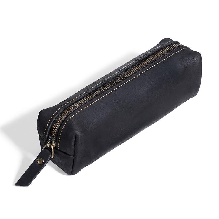 Crazy Horse Leather Stationery Pencil Case Zippered Storage Bag — Brown
