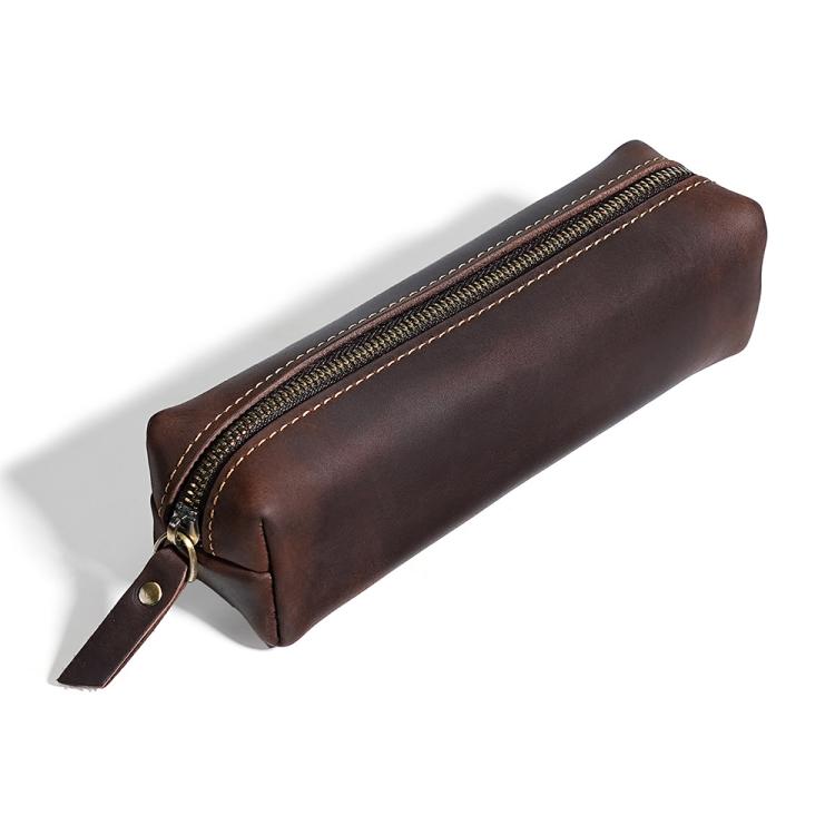 Crazy Horse Leather Stationery Pencil Case Zippered Storage Bag — Black