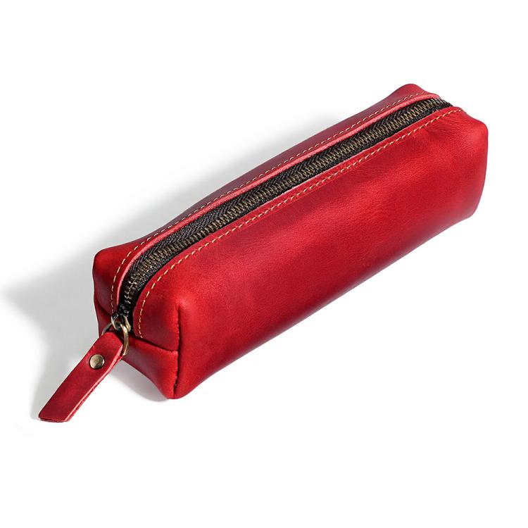 Crazy Horse Leather Stationery Pencil Case Zippered Storage Bag — Coffee