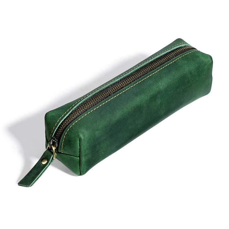 Crazy Horse Leather Stationery Pencil Case Zippered Storage Bag — Red