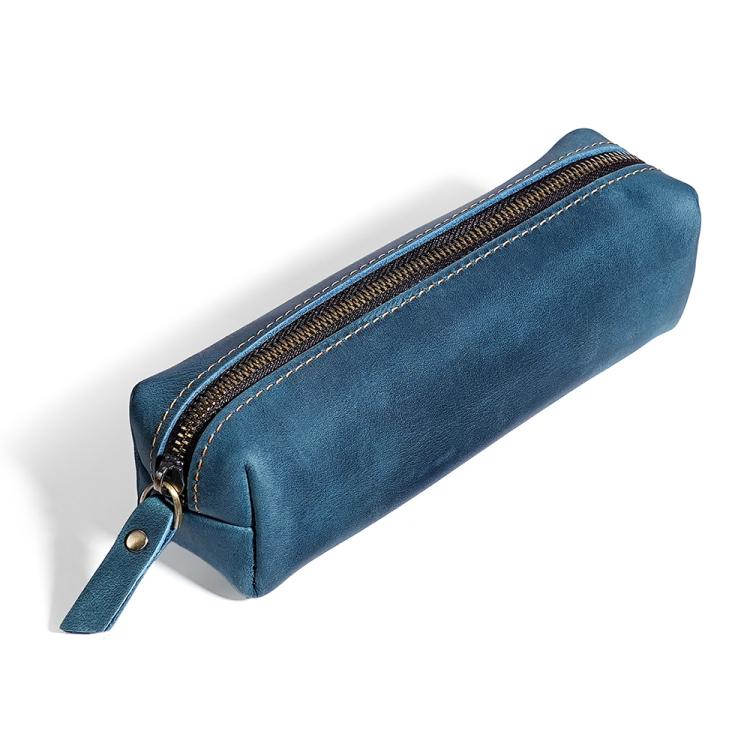 Crazy Horse Leather Stationery Pencil Case Zippered Storage Bag — Green