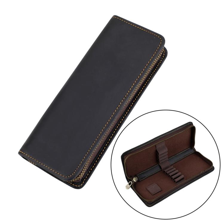 Vintage Genuine Leather Square Zipper Pen Pouch Pencil Case — Black
