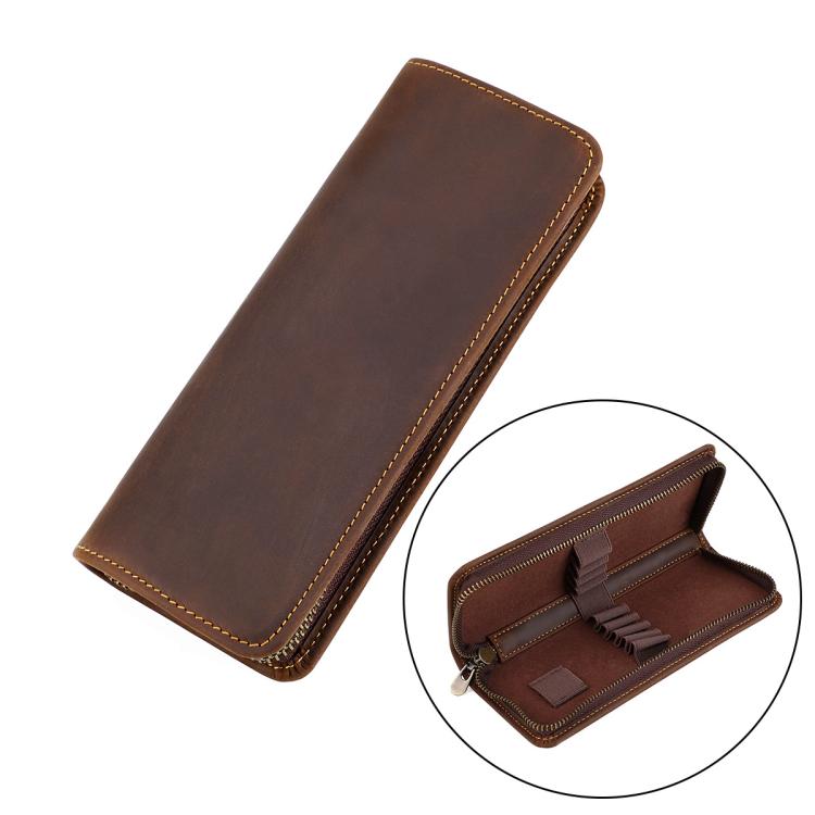Vintage Genuine Leather Square Zipper Pen Pouch Pencil Case — Coffee