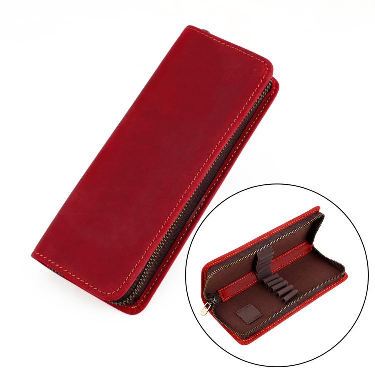 Vintage Genuine Leather Square Zipper Pen Pouch Pencil Case — Red