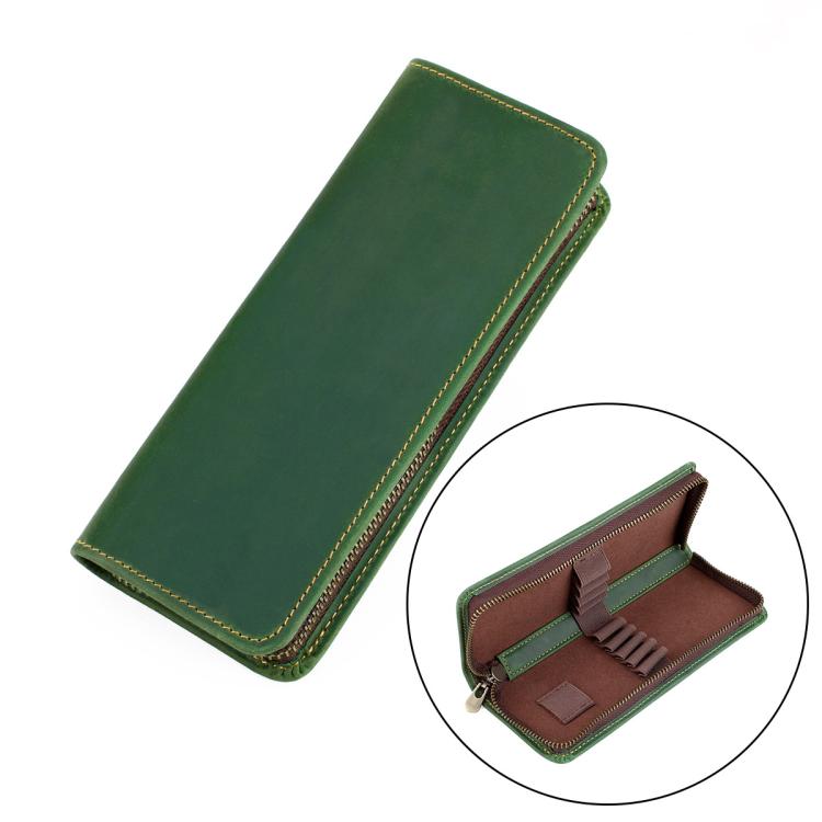 Vintage Genuine Leather Square Zipper Pen Pouch Pencil Case — Green