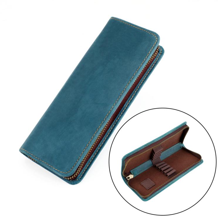 Vintage Genuine Leather Square Zipper Pen Pouch Pencil Case — Blue