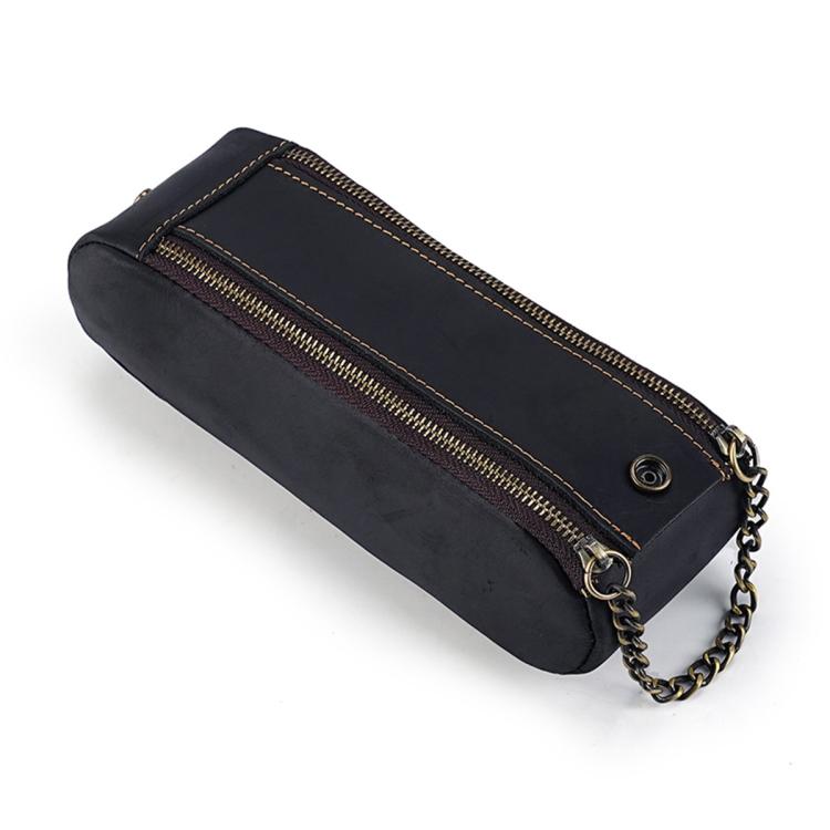 Vintage Genuine Leather Portable Double Zippers Pen Pouch Pencil Case — Brown